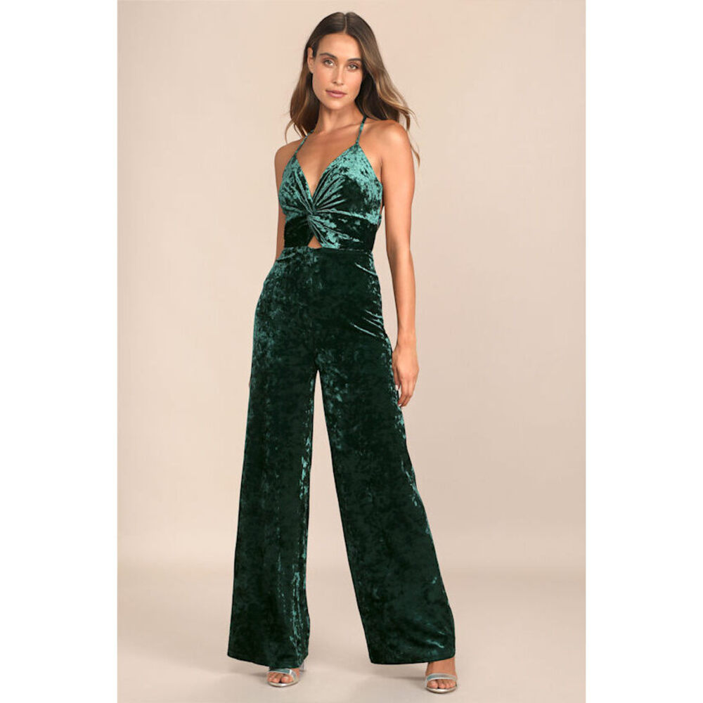 Lulus Dreams Of Disco Emerald Green Velvet Lace-up Jumpsuit - Size XXL